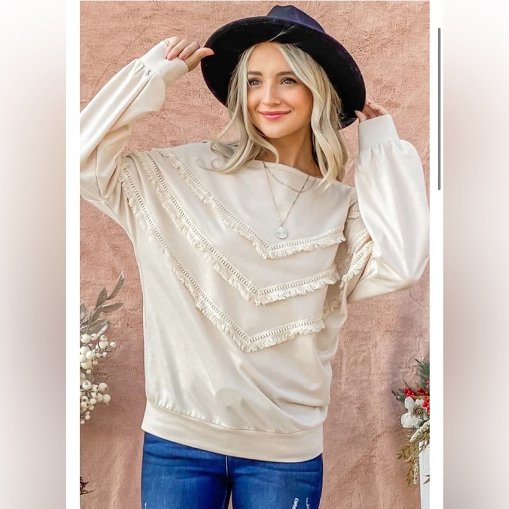 AndTheWhy boho fringe sweatshirt size L